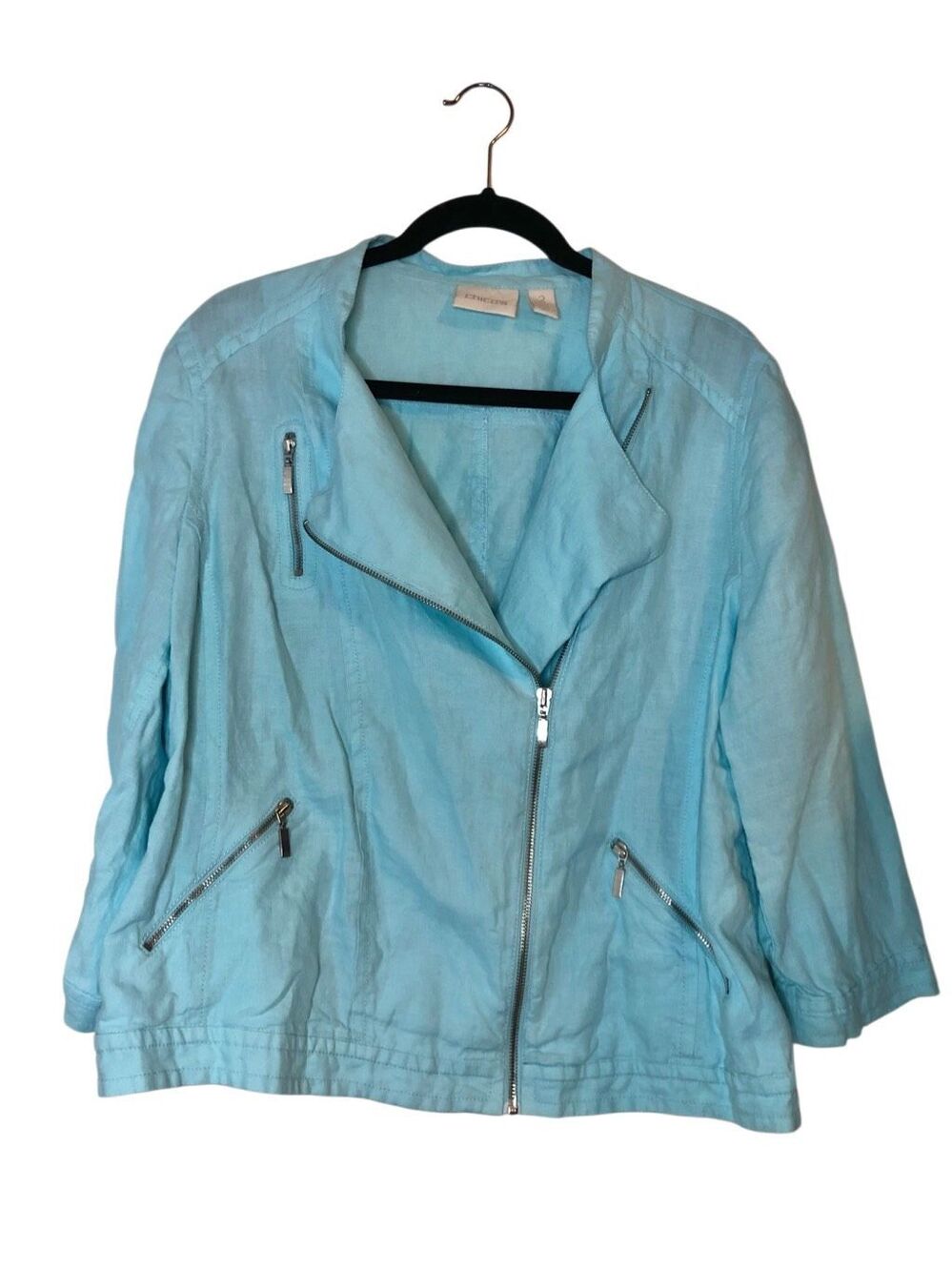 Chico’s Linen Moto Jacket Size 2 Large 12–14 Aqua Blue Zip Lightweight 100% Line